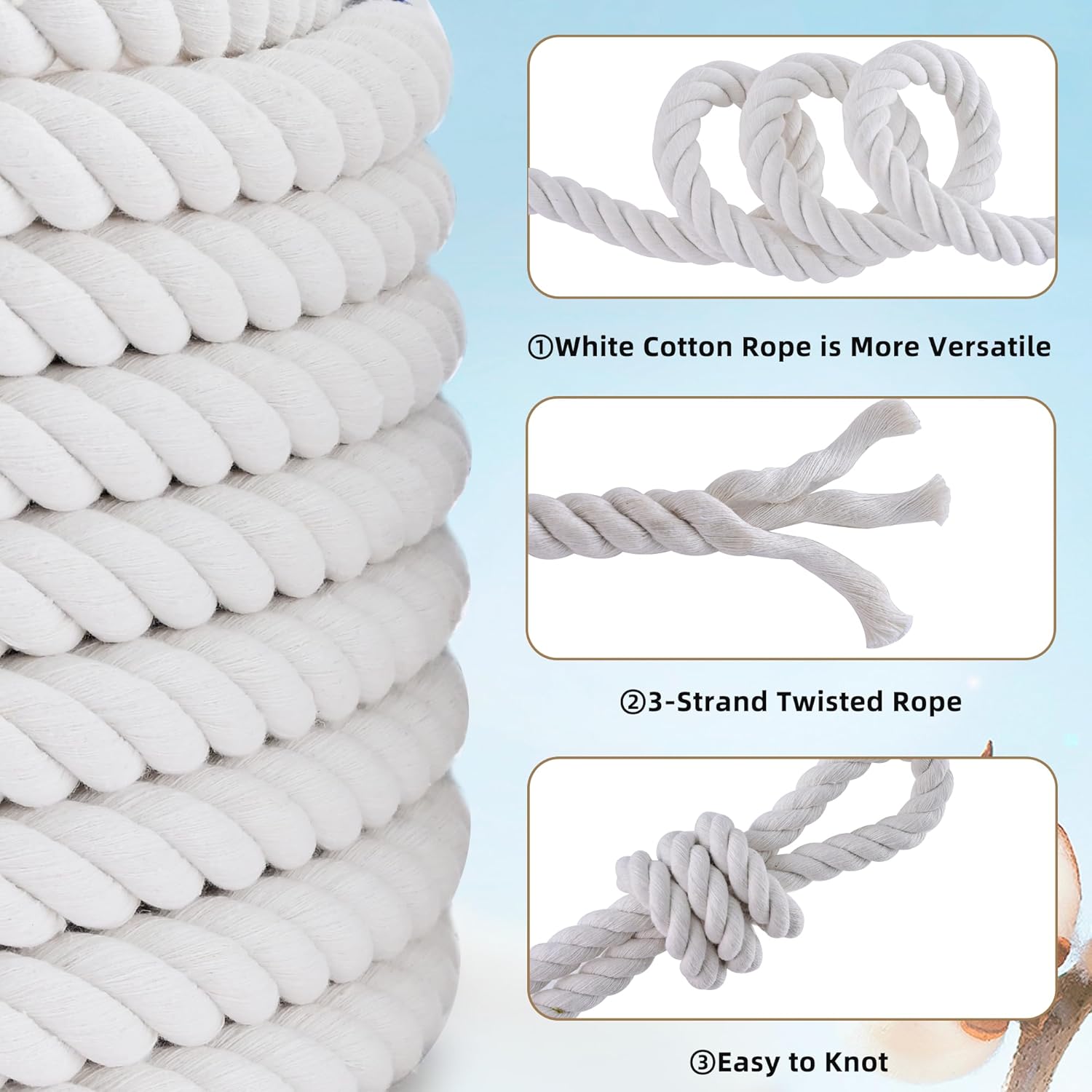 White Cotton Rope 1/2in × 50ft Natural Twisted,Available as Used for Tug of War, Navigation, Fitness and Making Handicrafts, etc - Image 3
