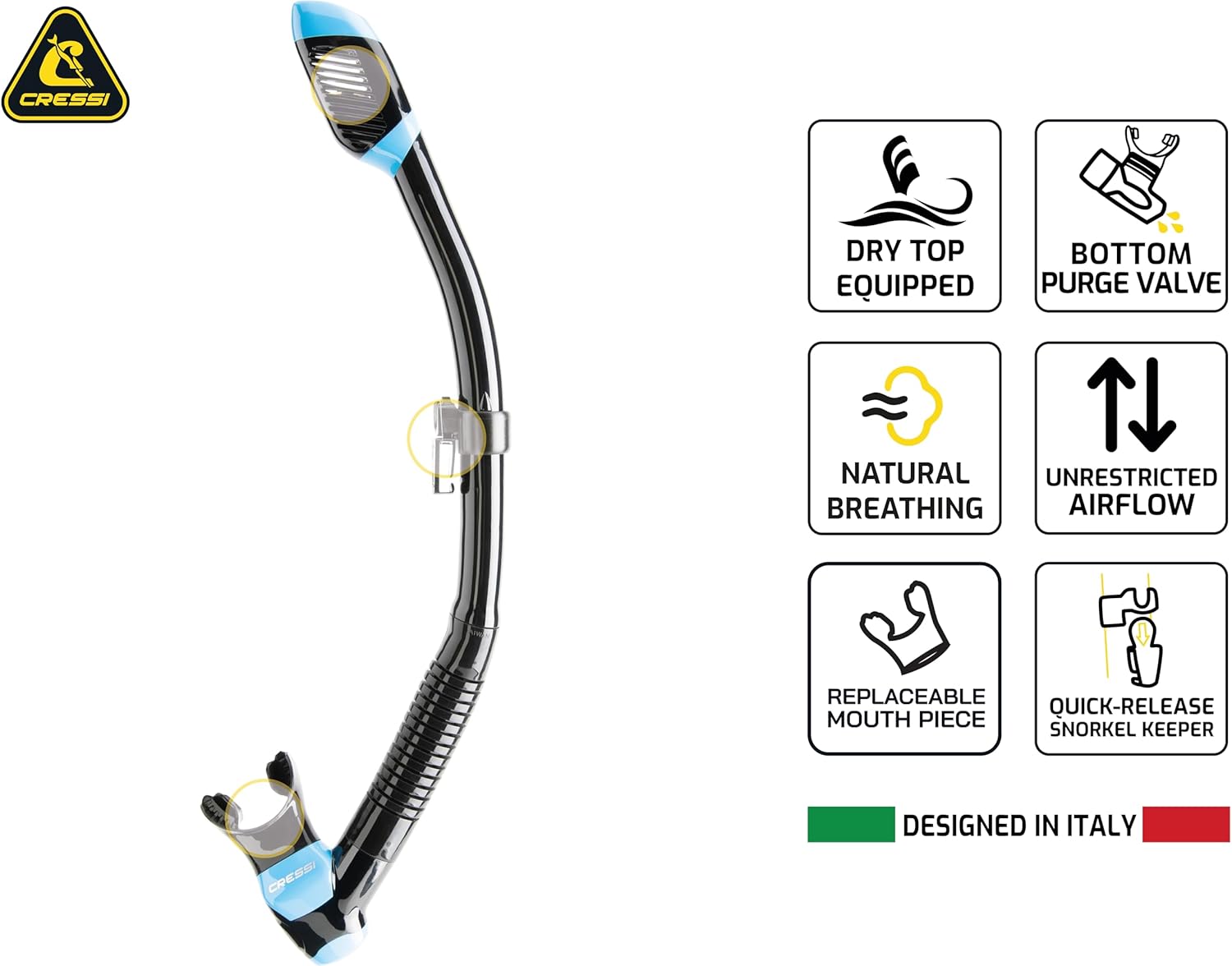Cressi Adult Diving Dry Snorkel with Splash Guard and Top Valve - Supernova Dry: Designed in Italy - Image 3