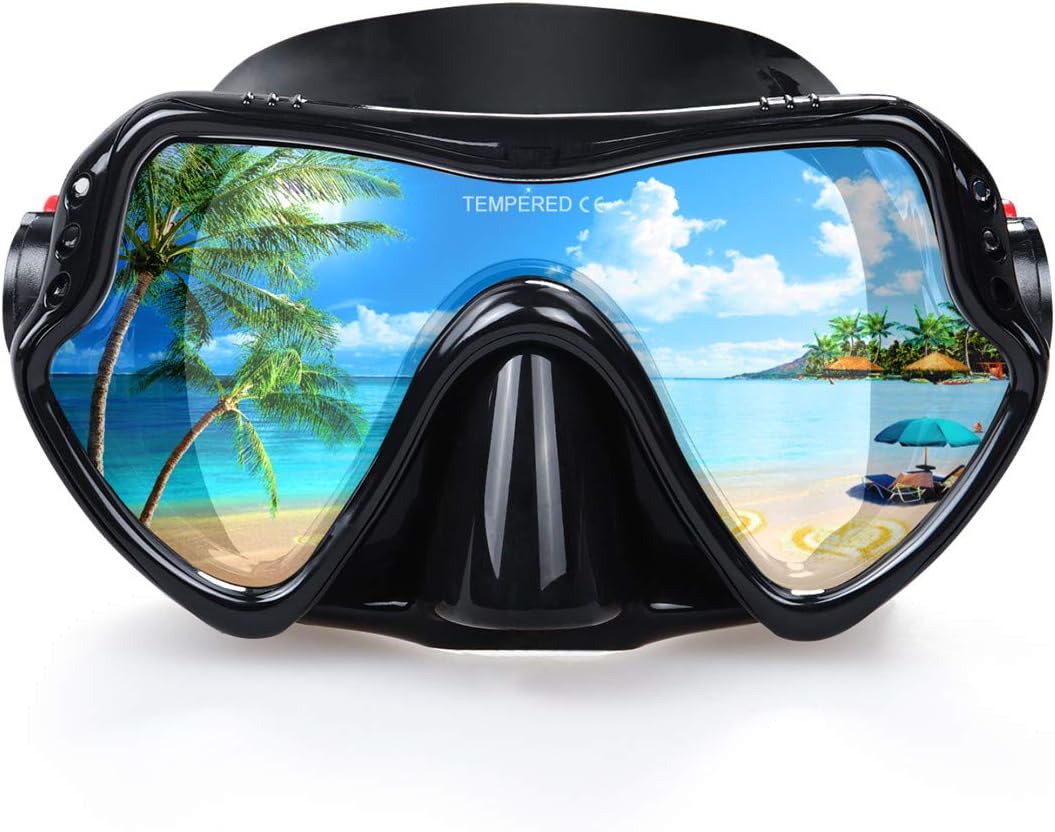 Adult Diving Mask Scuba Snorkel Mask with Tempered Glass Lens Professional Freediving Mask for Men Women Liquid Silicone Seal Anti-Fog Wide View Dive Mask for Underwater Swimming Ocean Exploration
