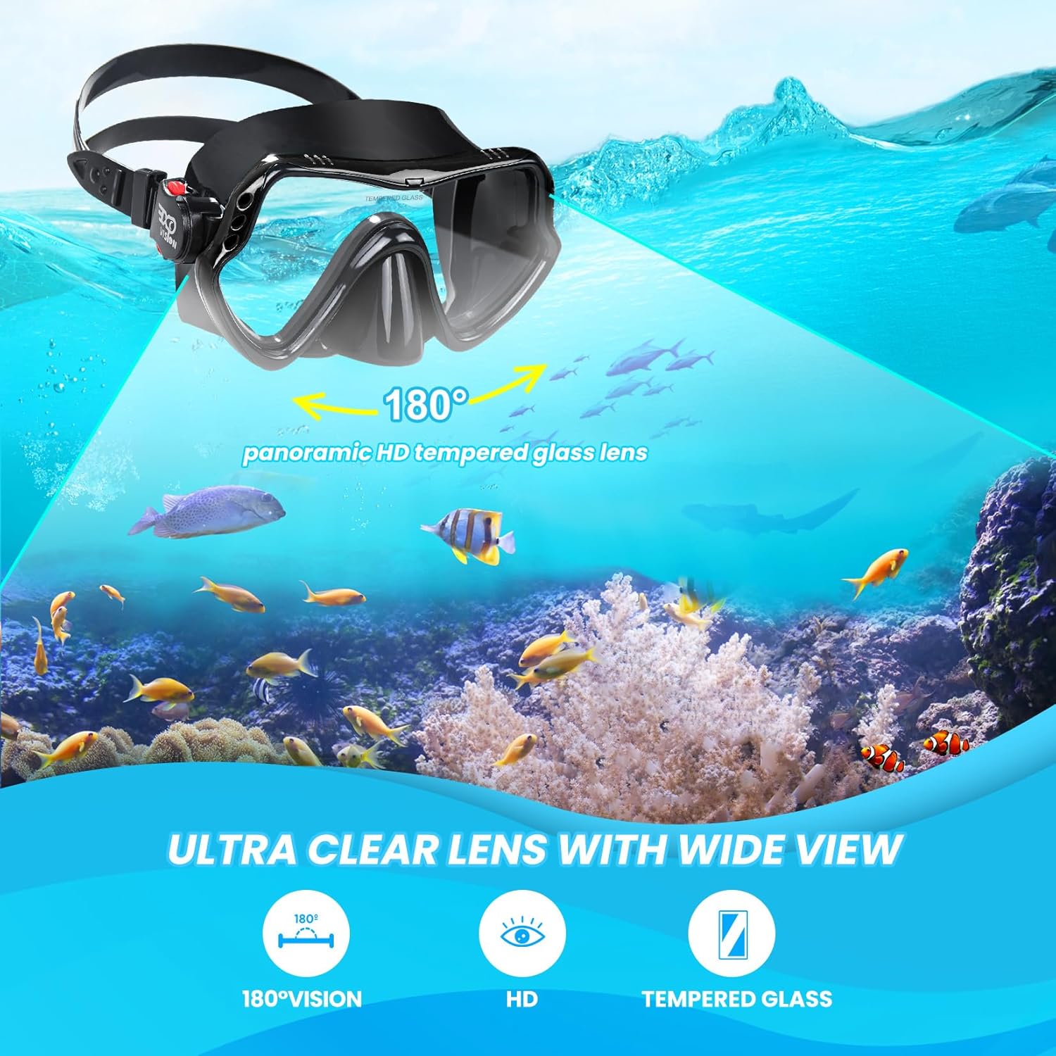 Adult Diving Mask Scuba Snorkel Mask with Tempered Glass Lens Professional Freediving Mask for Men Women Liquid Silicone Seal Anti-Fog Wide View Dive Mask for Underwater Swimming Ocean Exploration - Image 2