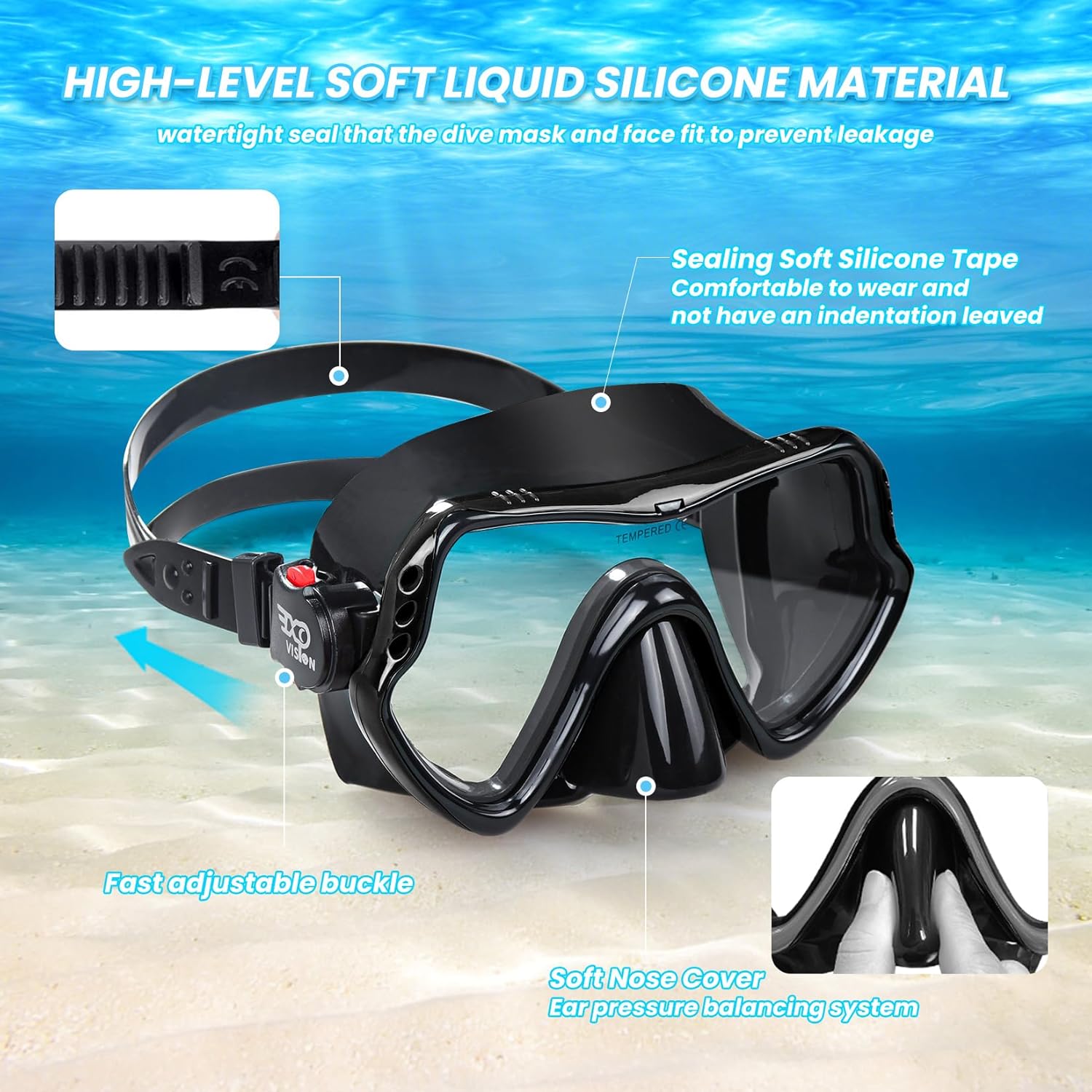 Adult Diving Mask Scuba Snorkel Mask with Tempered Glass Lens Professional Freediving Mask for Men Women Liquid Silicone Seal Anti-Fog Wide View Dive Mask for Underwater Swimming Ocean Exploration - Image 4